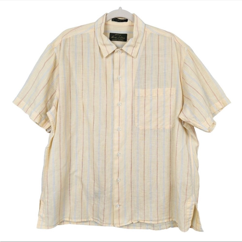 ORVIS Yellow Striped Linen Blend Short Sleeve Button Up Shirt SIZE MEDIUM